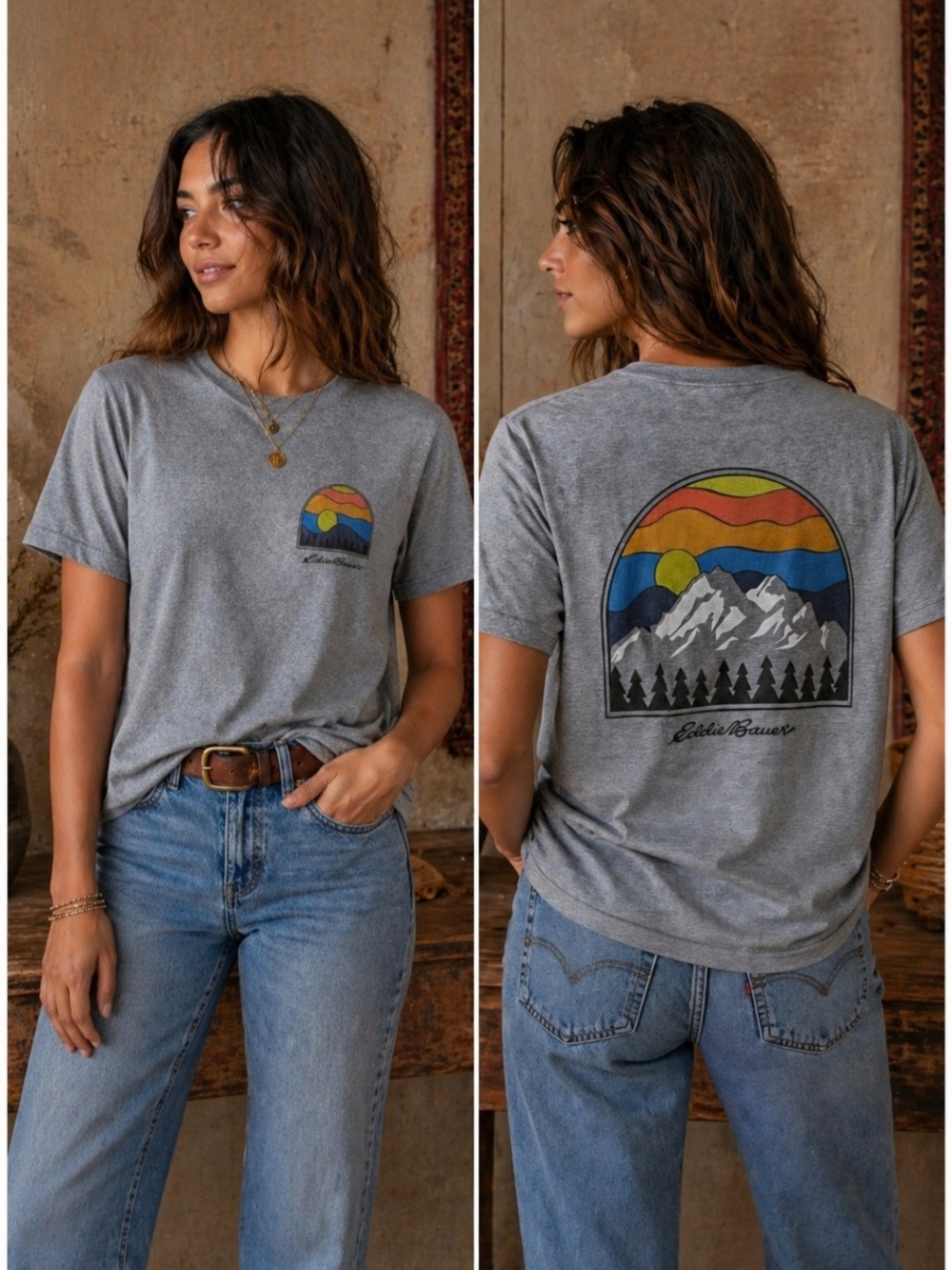 Eddie Bauer Graphic Tee | Mountain Sunset T Shirt Gray | Casual Outdoor Tee XL